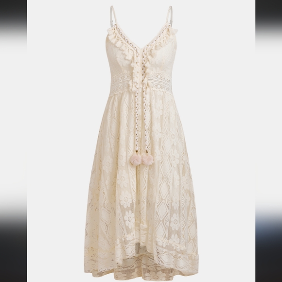 Astrid Sleeveless V-Neck Tassel Elegant Cream Lace Midi Dress_Small - Picture 9 of 9